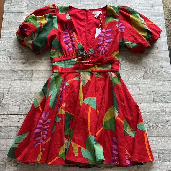 NWT Anthropologie House of Harlow 1960 Linen Red Floral Puff Sleeves Dress Sz 2 - Picture 6 of 12